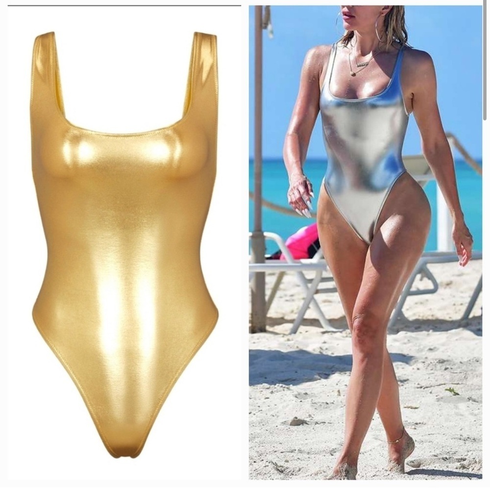 SKIMS METALLIC SWIM HIGH CUT ONE PIECE IN GOLD